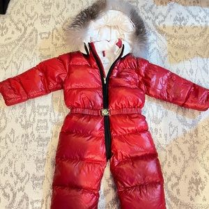 Authentic Red Moncler Jumpsuit with Fur Hood
